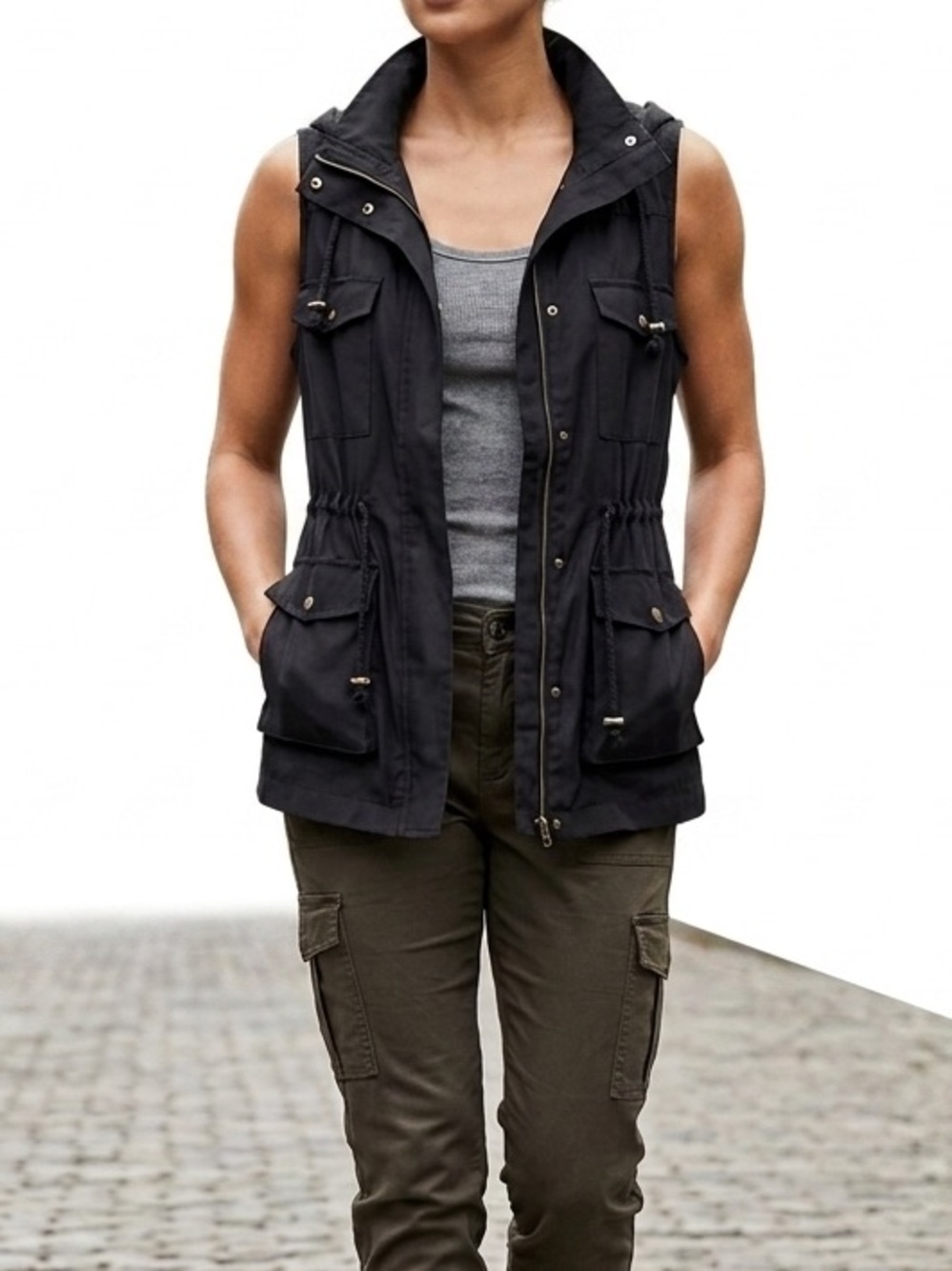 🎯 Entro Black Hooded Cargo Utility Vest